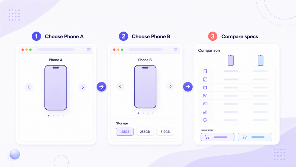 Three steps to choose two phones, select storage, and compare specifications