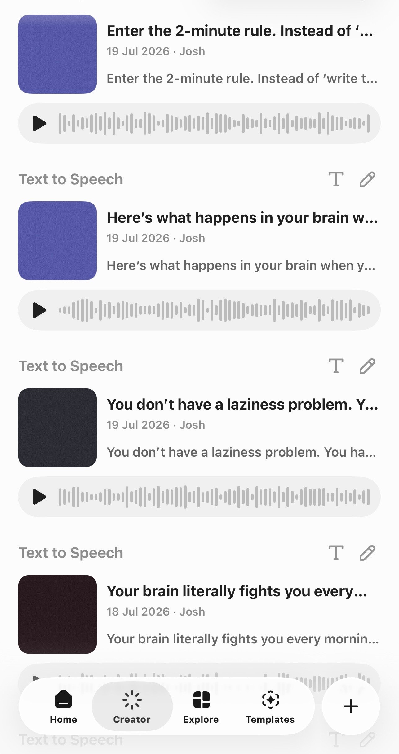 ElevenLabs generation history showing several text to speech voiceovers
