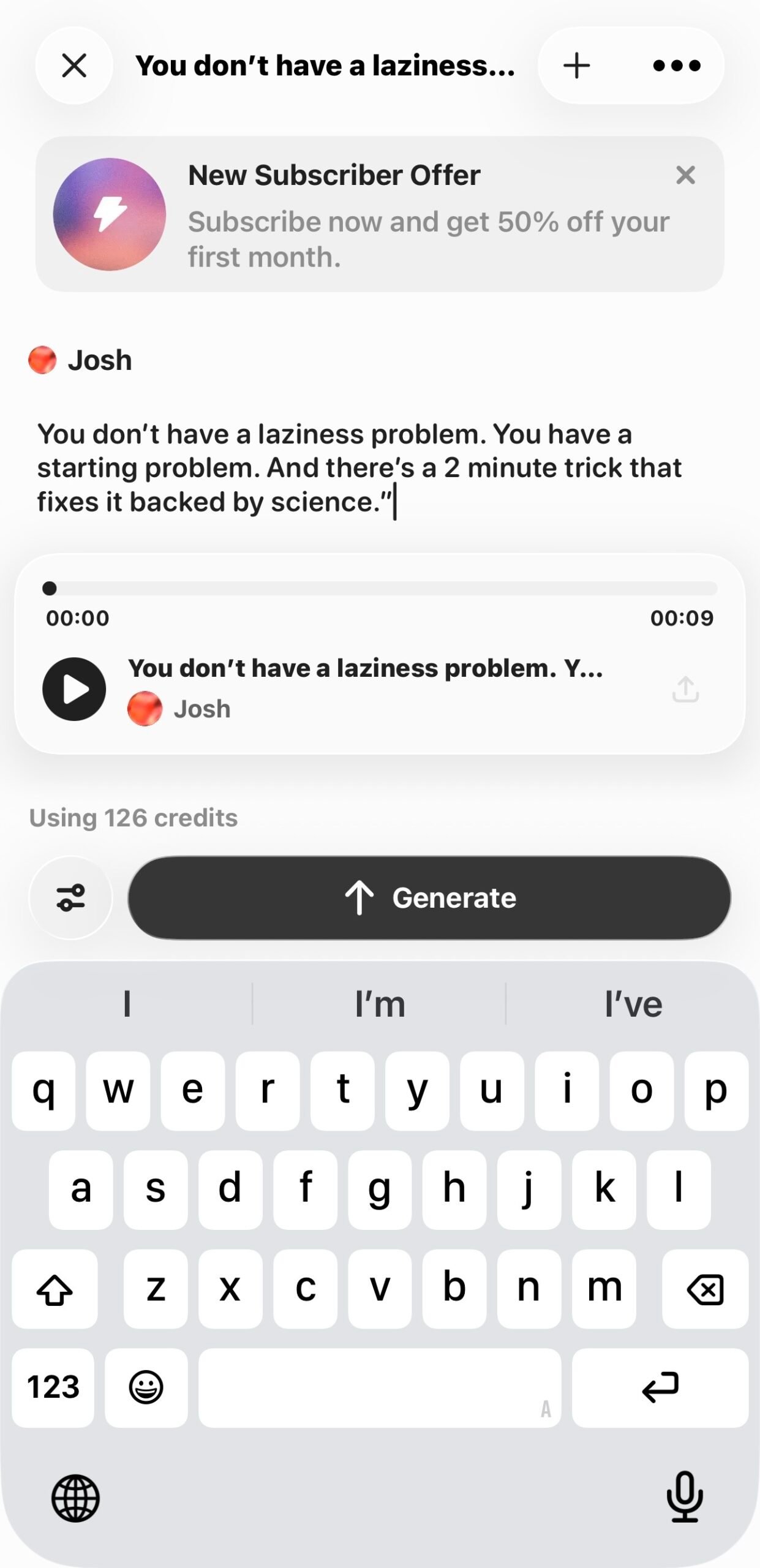 ElevenLabs text to speech screen with a script ready to generate as voiceover