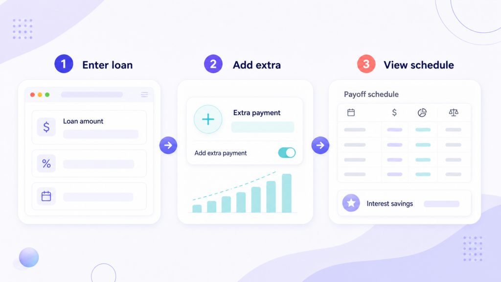 Three steps to enter a loan, add an extra payment, and view the payoff schedule