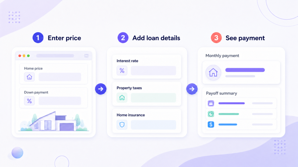 Three steps to enter home price, add loan details, and see the estimated payment