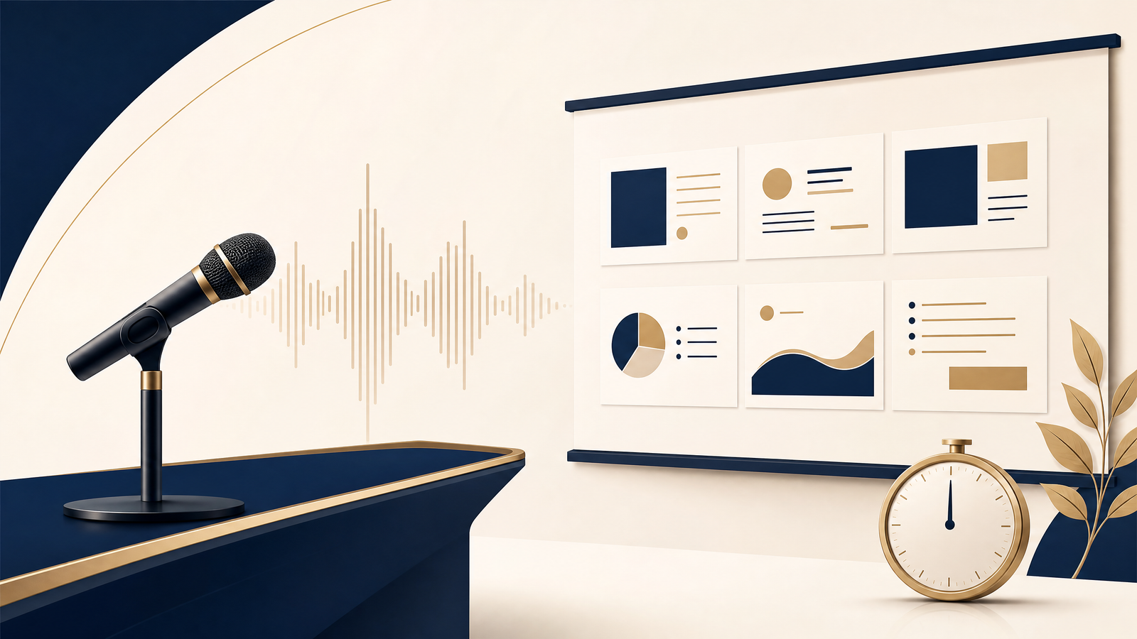 Microphone and presentation slides illustrating planning the word count for a ten-minute presentation