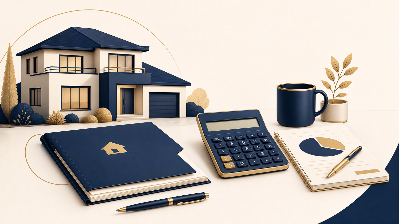 Stylish house, calculator, mortgage folder, and monthly budgeting scene illustrating a mid-range home mortgage