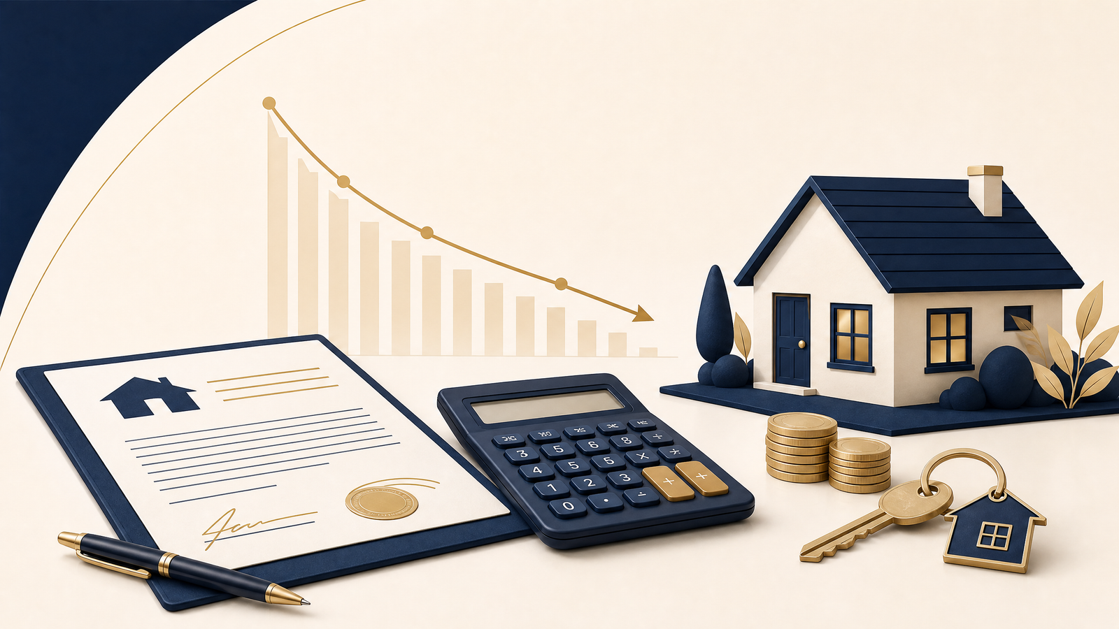 Mortgage document, calculator, descending interest curve, and house illustrating extra mortgage payments
