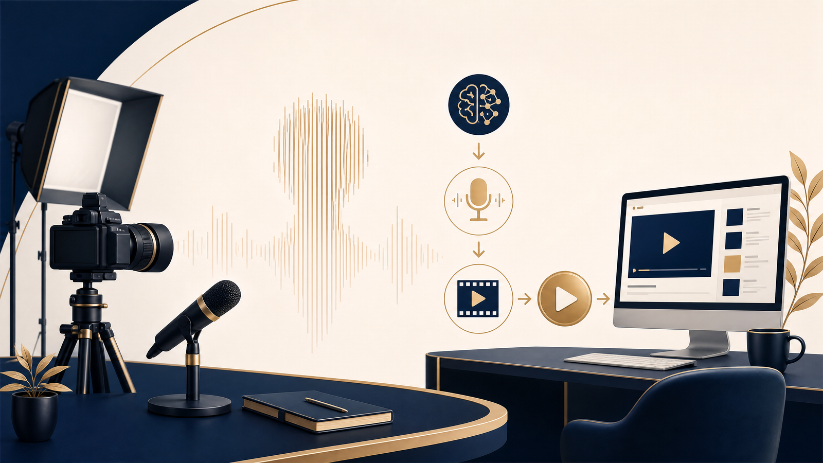 Camera, microphone, waveform, and video workflow illustrating a faceless YouTube channel with AI voiceover