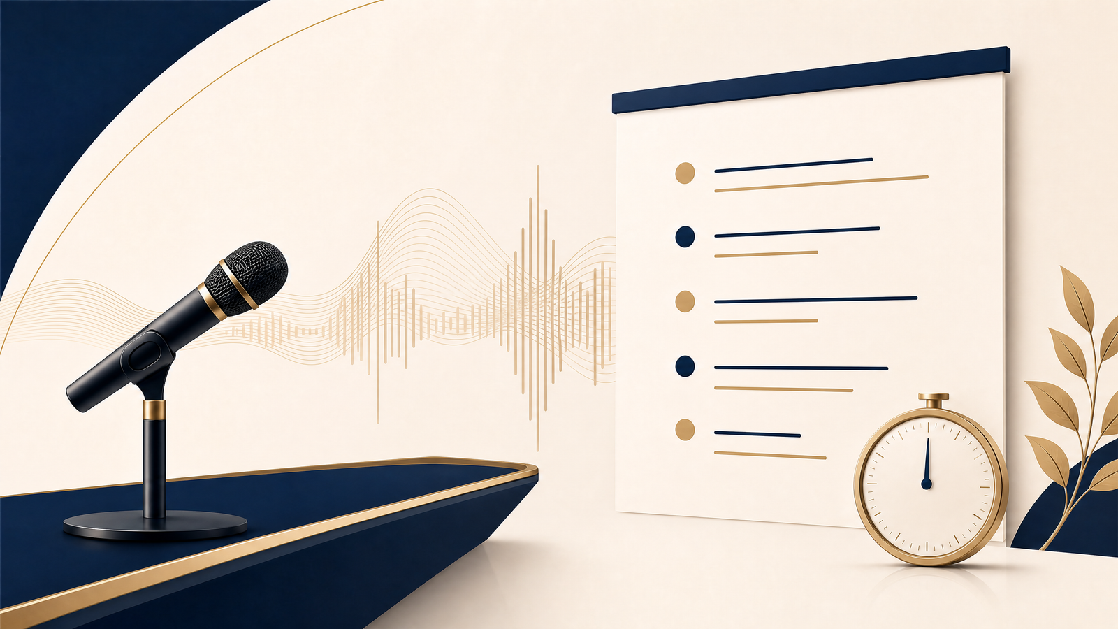 Microphone, speech waveform, outline, and timer illustrating the word count for a five-minute speech