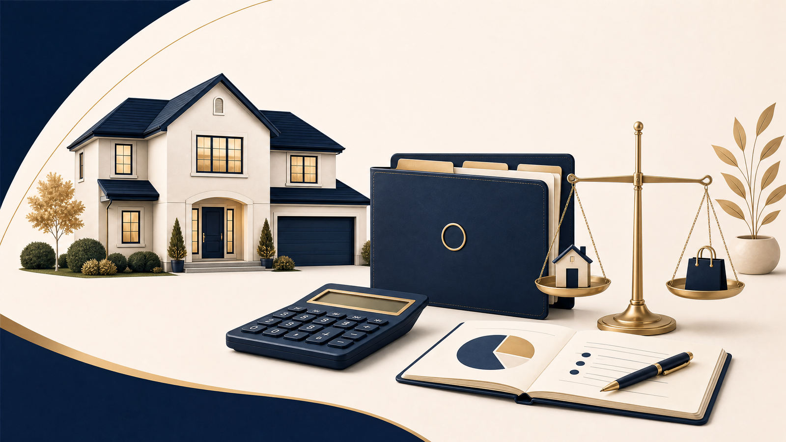 House, income planning folder, calculator, and balanced budget illustrating the income needed to buy a home