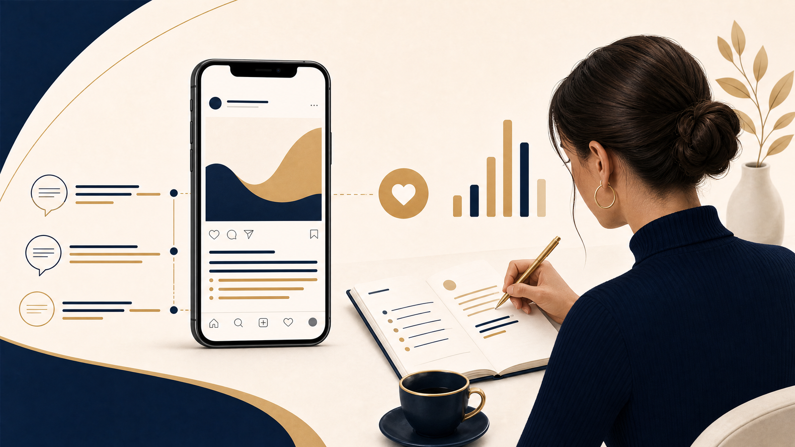 Smartphone, caption lines, and creator notebook illustrating Instagram caption length planning