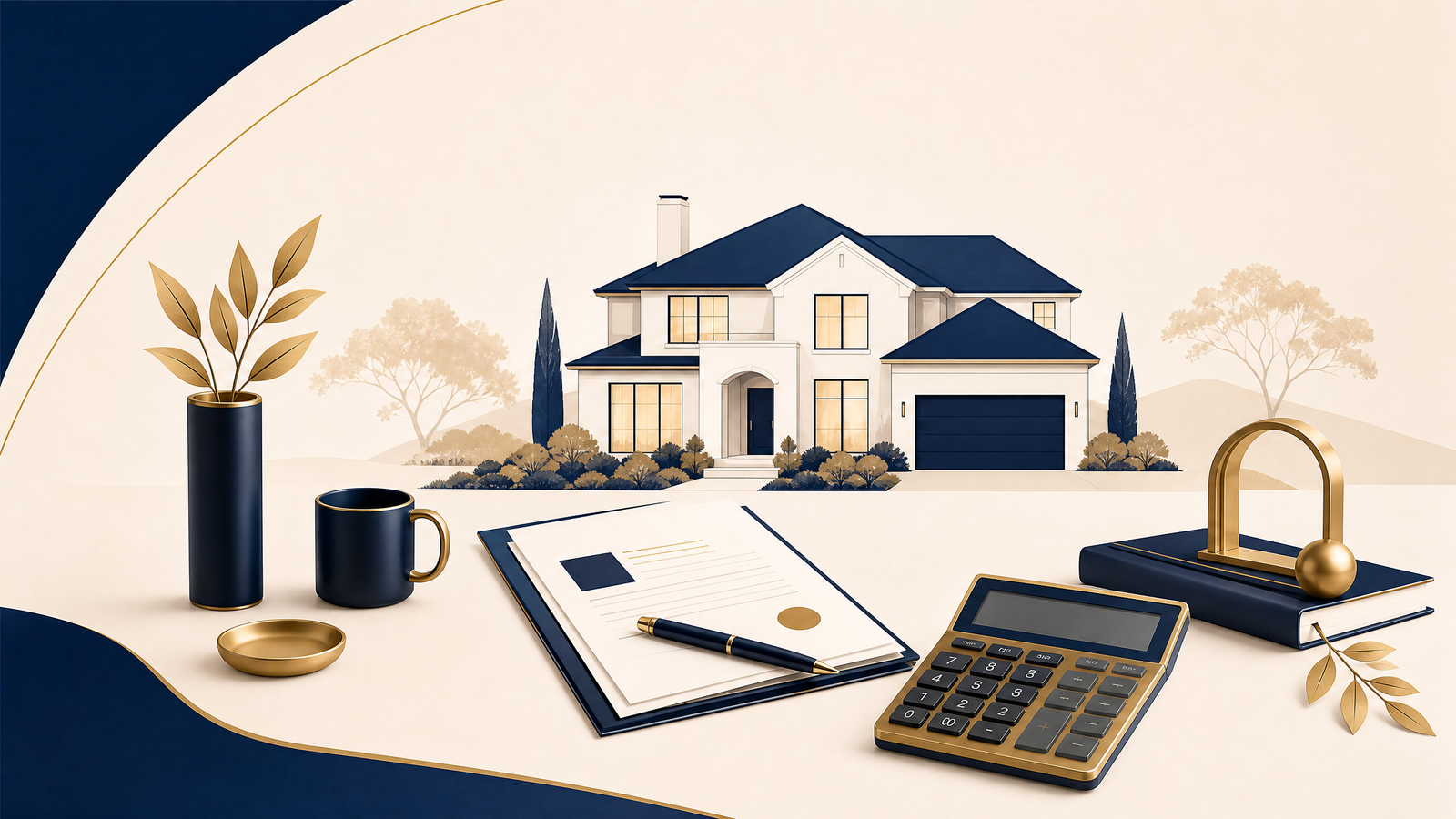 House, mortgage paperwork, calculator, and financial planning desk illustrating a large home mortgage payment
