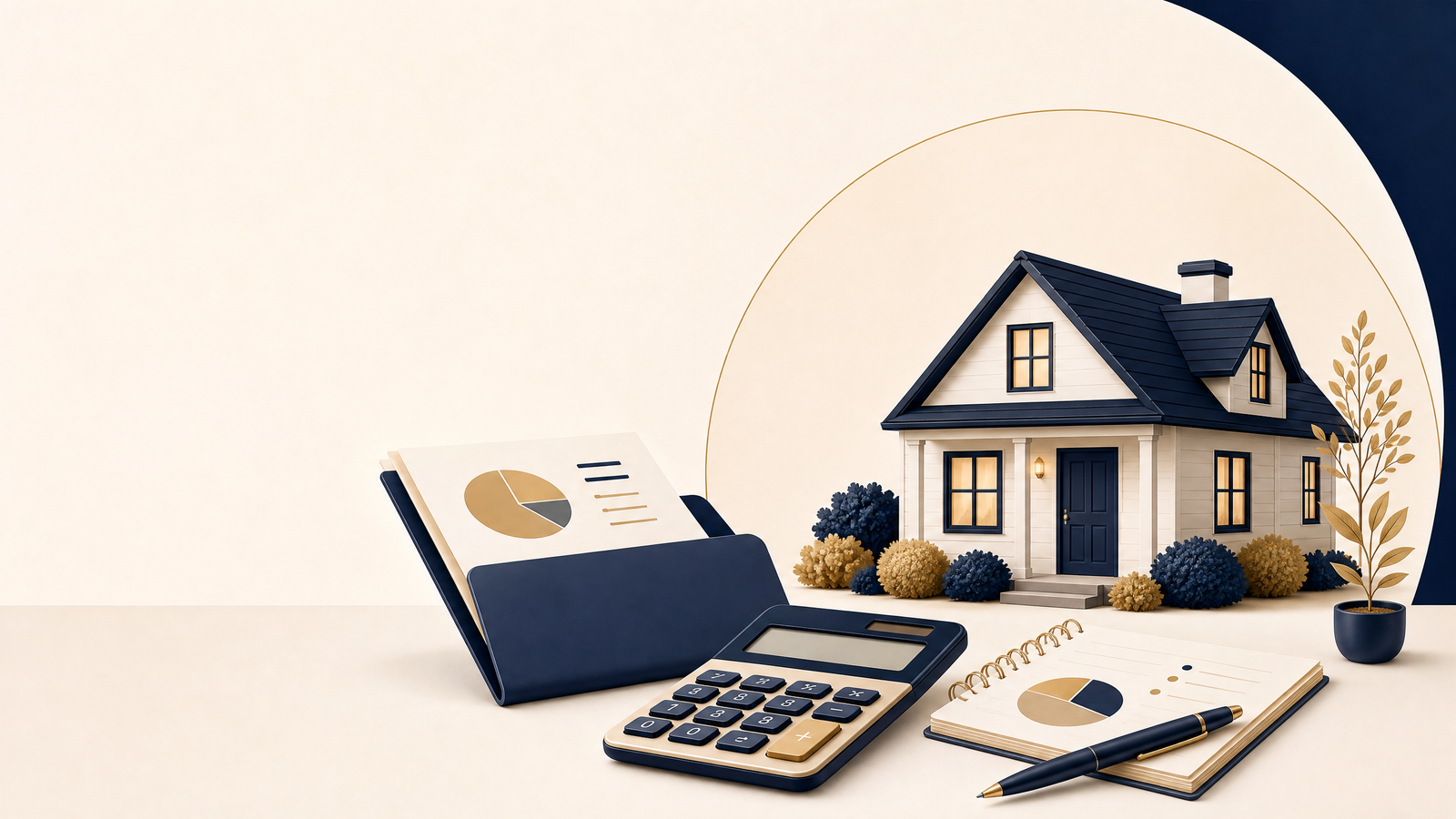 Compact home, calculator, and budget folder illustrating a starter-home mortgage payment